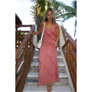 PETAL & PUP Ciao Ruffle Chiffon Gown in Rosewood Size Small